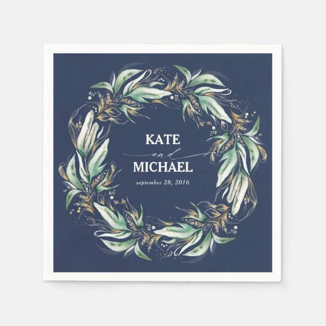 Gold Leaves Greenery Navy Blue Wedding Napkins (Front)