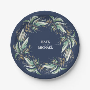 Gold Leaves Greenery Navy Blue Wedding Paper Plates