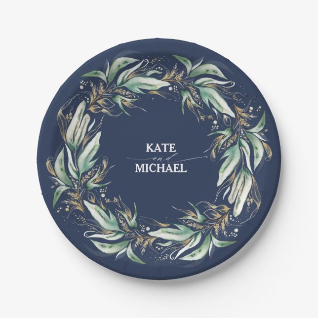 Gold Leaves Greenery Navy Blue Wedding Paper Plates (Front)