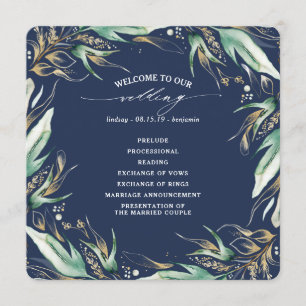 Gold Leaves Greenery Navy Blue Wedding Program