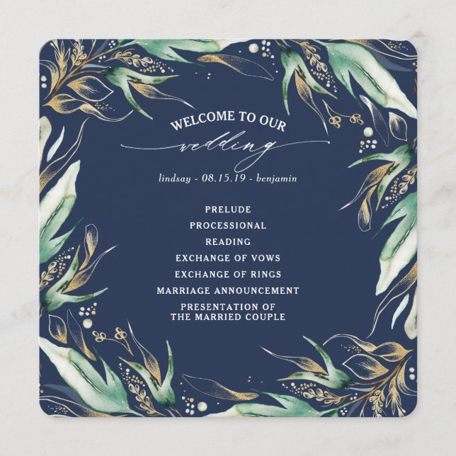 Gold Leaves Greenery Navy Blue Wedding Program (Front)