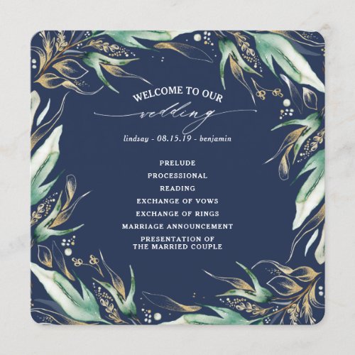 Gold Leaves Greenery Navy Blue Wedding Program