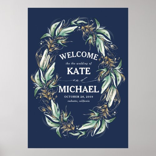 Gold Leaves Greenery Navy Blue Wedding Welcome Poster