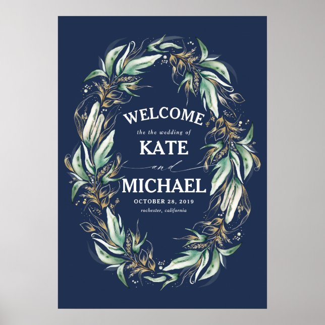 Gold Leaves Greenery Navy Blue Wedding Welcome Poster (Front)