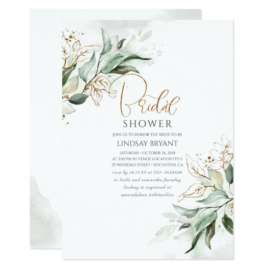 Gold Leaves Greenery Romantic Cute Bridal Shower Invitation