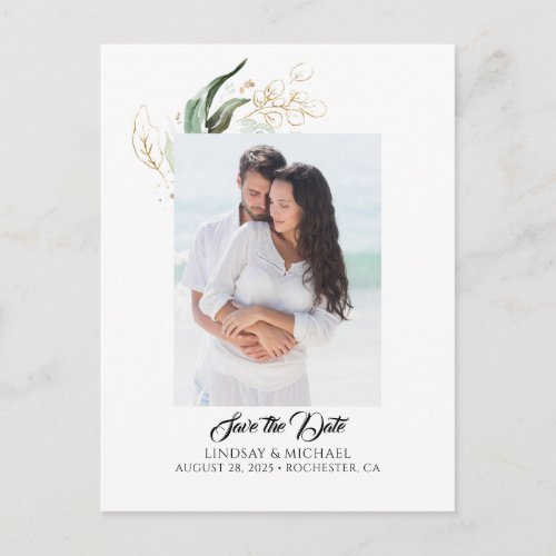 Gold Leaves Greenery Save the Date Photo Announcem Announcement Postcard