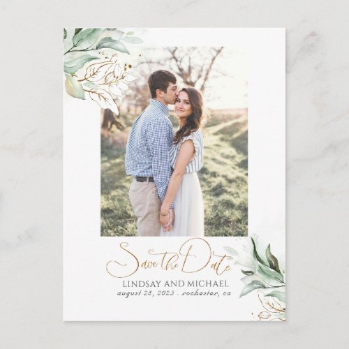 Gold Leaves Greenery Save the Date Photo Announcement Postcard