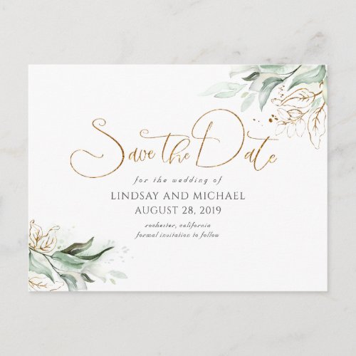 Gold Leaves Greenery Save the Date Postcard