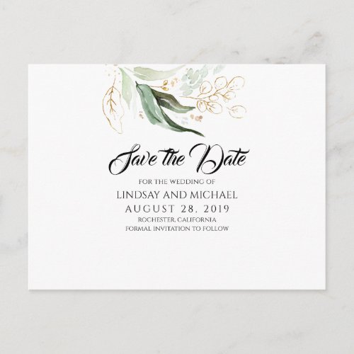 Gold Leaves Greenery Save the Date Postcard