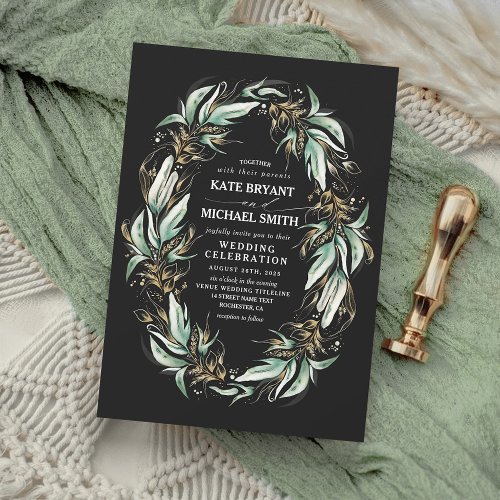 Gold Leaves Greenery Wreath Black Modern Wedding Invitation