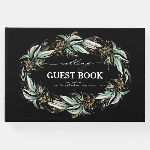 Gold Leaves Greenery Wreath Black Wedding Guest Book
