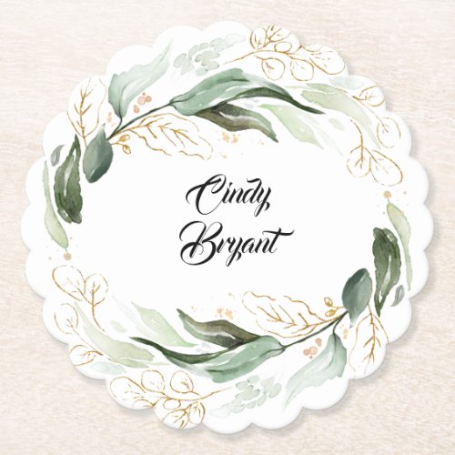 Gold Leaves Greenery Wreath Boho Summer Paper Coaster