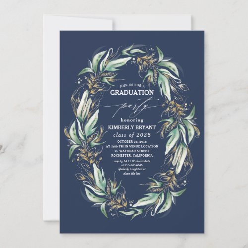 Gold Leaves Greenery Wreath Navy Blue Graduation