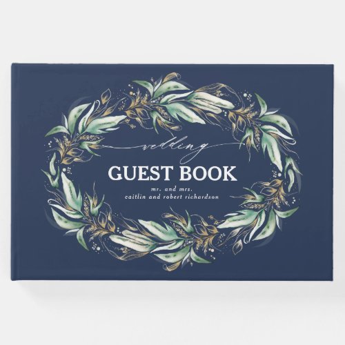 Gold Leaves Greenery Wreath Navy Blue Wedding Guest Book