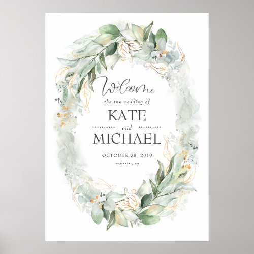 Gold Leaves Greenery Wreath Wedding Welcome Poster