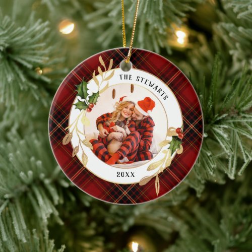Gold Leaves Holly  Photo on Red Tartan  Ceramic Ornament
