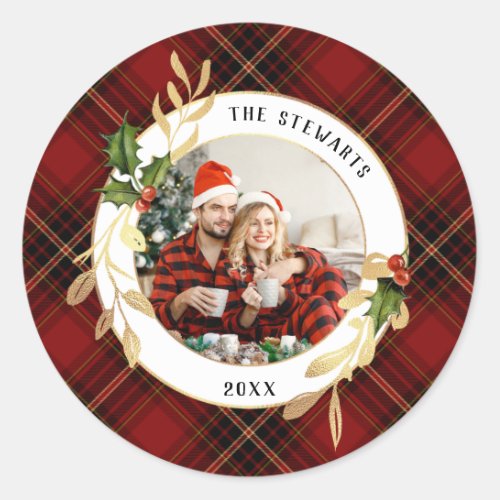 Gold Leaves Holly  Photo on Red Tartan  Classic Round Sticker