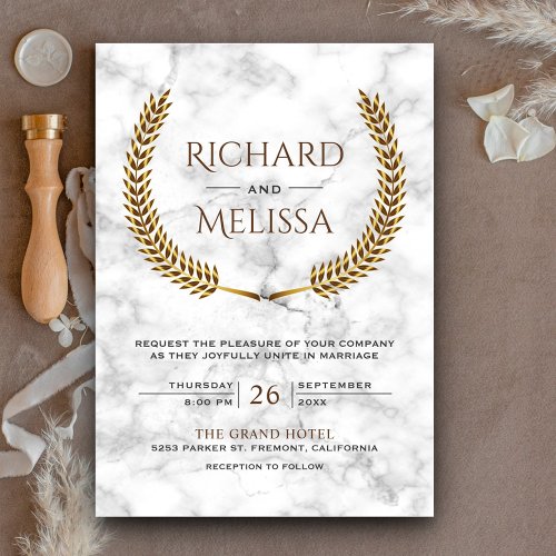 Gold Leaves Laurel Wreath White Marble Wedding Invitation