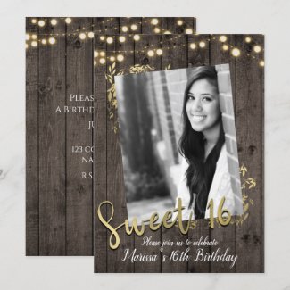 Gold Leaves & Lights Rustic Dark Wood Sweet 16 Invitation