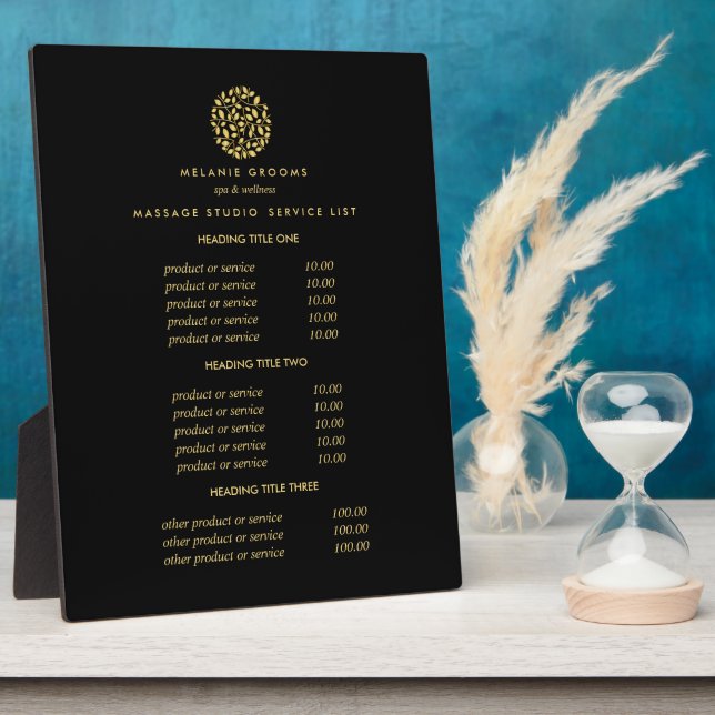 Gold leaves logo black | spa massage pricing plaque (Side)