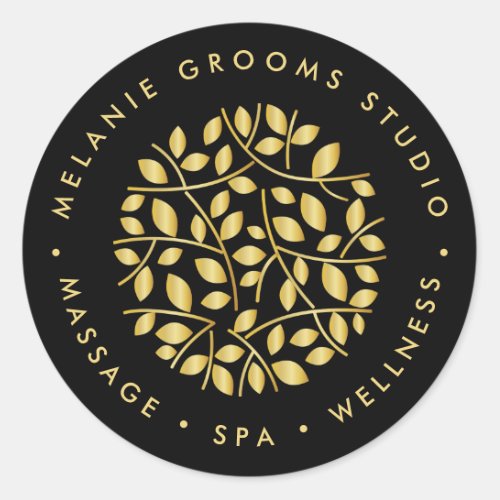 Gold leaves logo  Black wellness massage yoga spa Classic Round Sticker