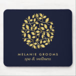 Gold leaves logo Blue | Personalized add your name Mouse Pad<br><div class="desc">Elegant business cards for massage studios, massage therapy, spas or wellness professionals feature a faux gold foil round arrangement of branches and leaves, Customize the front with two lines of custom text on modern blue background using the template. A chic design for any wellness industry or holistic health related profession...</div>