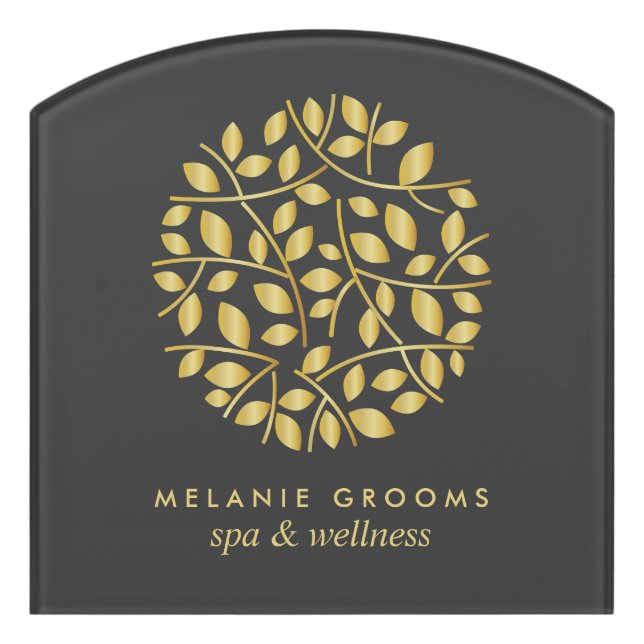 Gold leaves logo | Grey | Yoga wellness massage Door Sign (Contour Front)