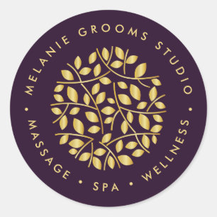 Gold leaves logo Purple wellness massage yoga spa Classic Round Sticker