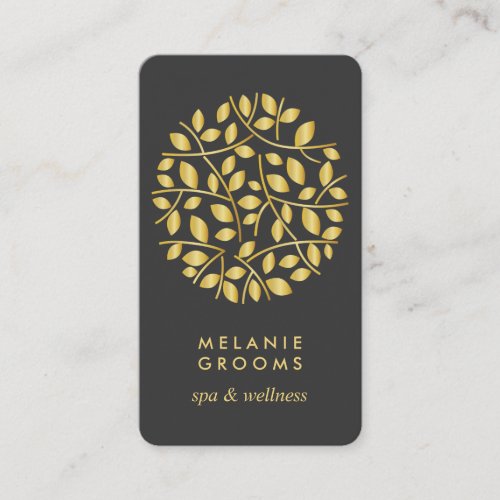 Gold leaves logo vertical wellness  massage yoga business card