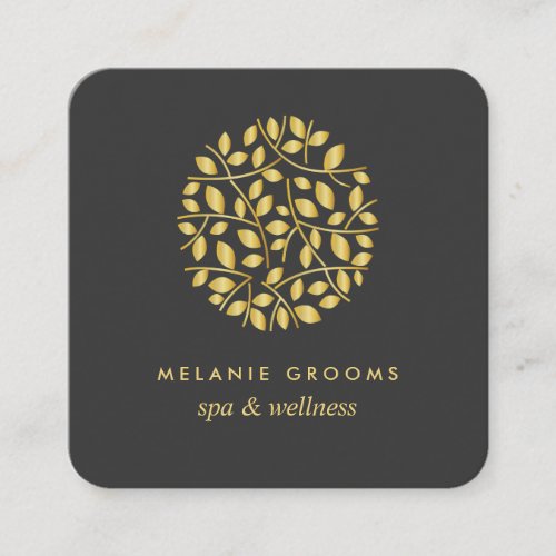 Gold leaves logo  wellness spa massage yoga square business card