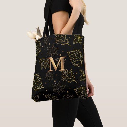 Gold Leaves Monogram M Tote Bag