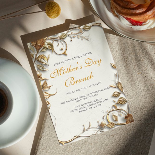 Gold Leaves Mother's Day Brunch Invitation (Creator Uploaded)