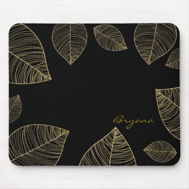 Gold Leaves on Black Elegant Computer Mouse Pad (Front)