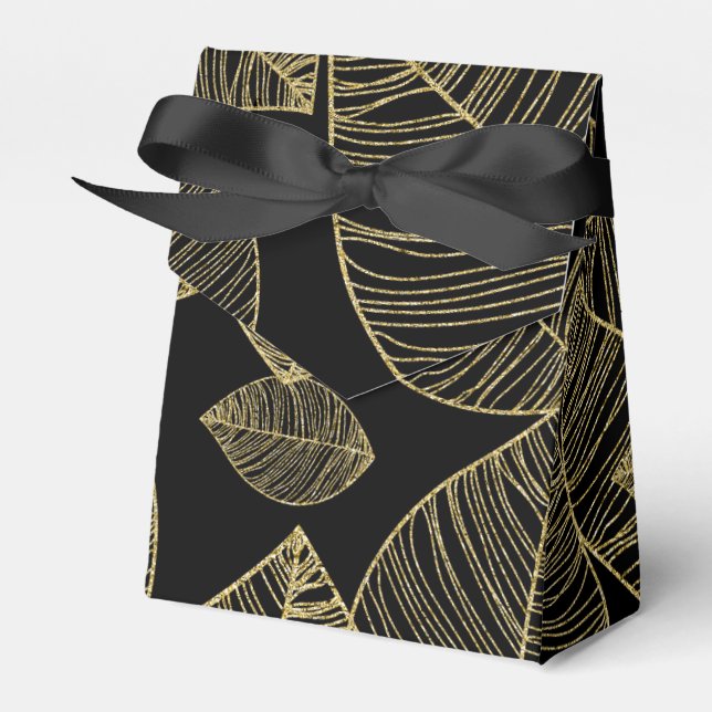 Gold Leaves on Black Elegant Favor Boxes (Front Side)