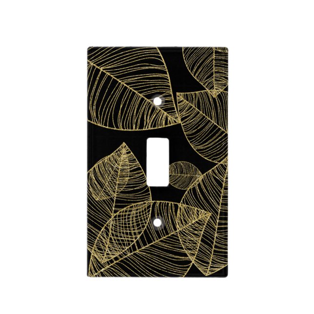 Gold Leaves on Black Elegant Light Switch Cover (Front)