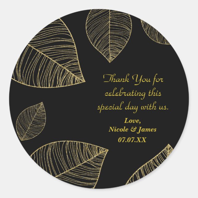 Gold Leaves on Black Elegant Wedding Favor Classic Round Sticker (Front)