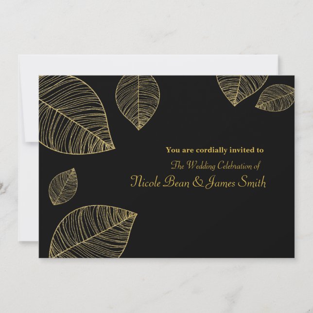 Gold Leaves on Black Elegant Wedding Invitations (Front)