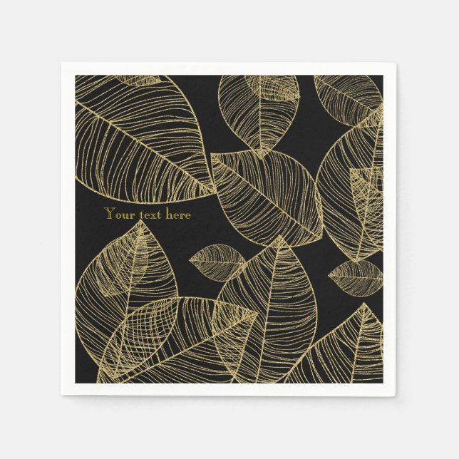 Gold Leaves on Black Elegant Wedding Party Paper Napkins (Front)