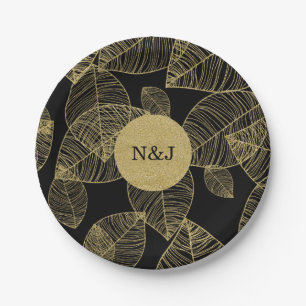 Gold Leaves on Black Elegant Wedding Party Paper Plates