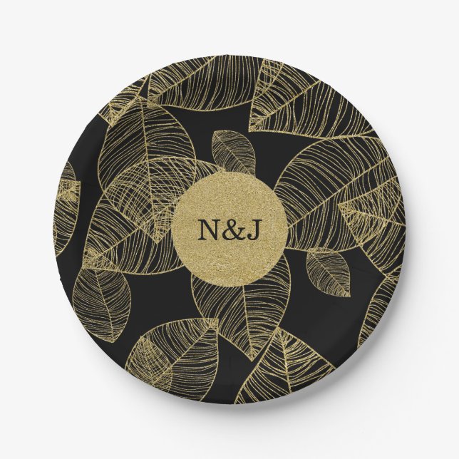 Gold Leaves on Black Elegant Wedding Party Paper Plates (Front)