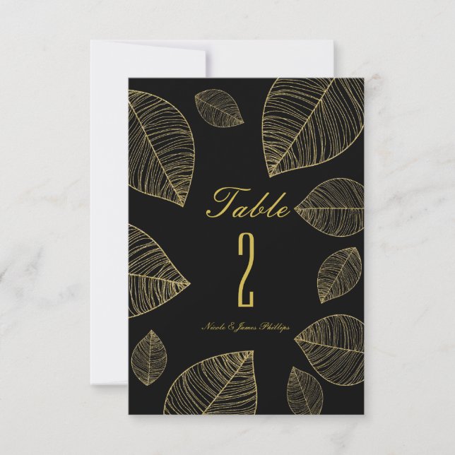 Gold Leaves on Black Elegant Wedding Table Number (Front)