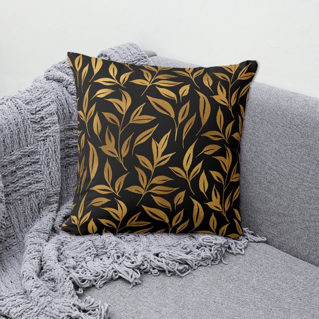 Gold Leaves on Black Throw Pillow (Creator Uploaded)