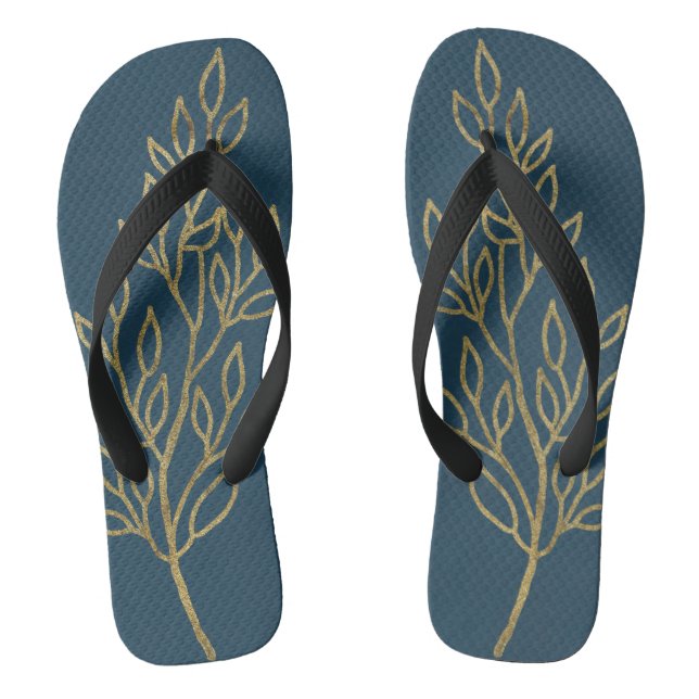 Gold Leaves on Blue Flip Flops (Footbed)