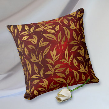 Gold Leaves On Burgundy Red Glow Throw Pillow by Westerngirl2 at Zazzle