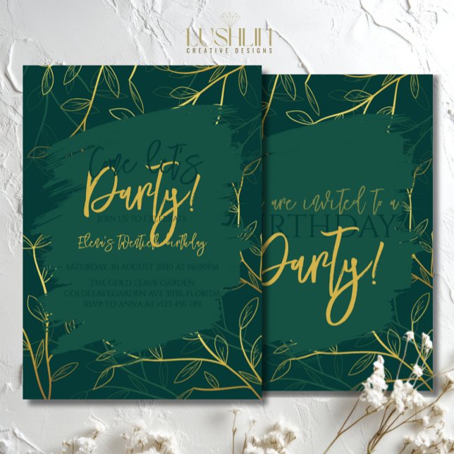 Gold Leaves on Emerald Come Let’s Party Birthday Invitation (Creator Uploaded)
