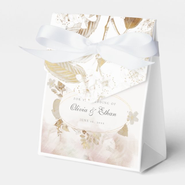Gold Leaves on Gold Frame Wedding Favor Boxes (Front Side)