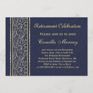 Gold leaves on midnight blue retirement invitation