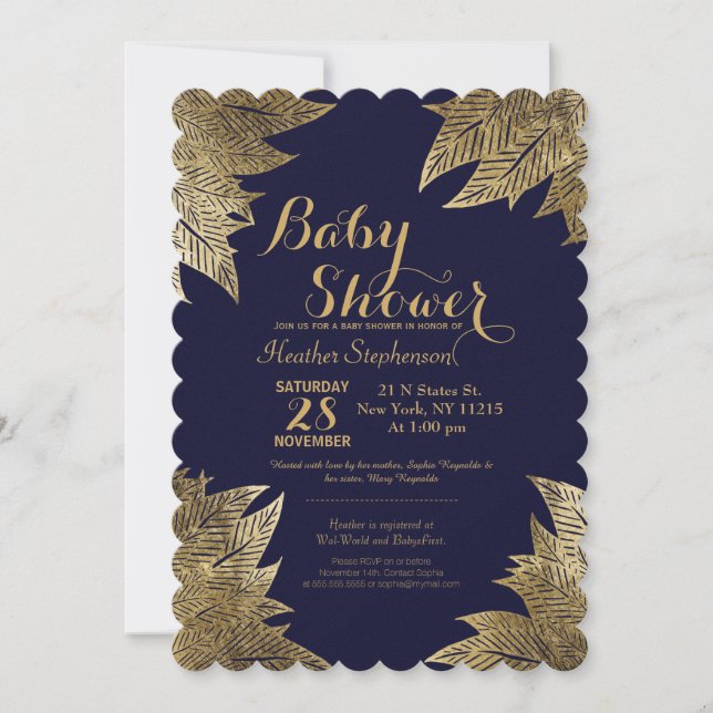 Gold Leaves on Navy Blue Baby Shower Invitations (Front)