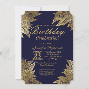 Gold Leaves on Navy Blue Birthday Party Invitation