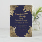 Gold Leaves on Navy Blue Graduation Party Invites (Standing Front)